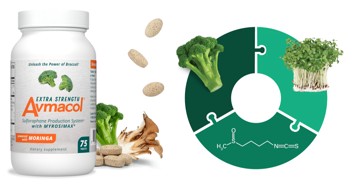 Avmacol Extra Strength with tablets, broccoli floret, maitake mushroom with diagram of sulforaphane production